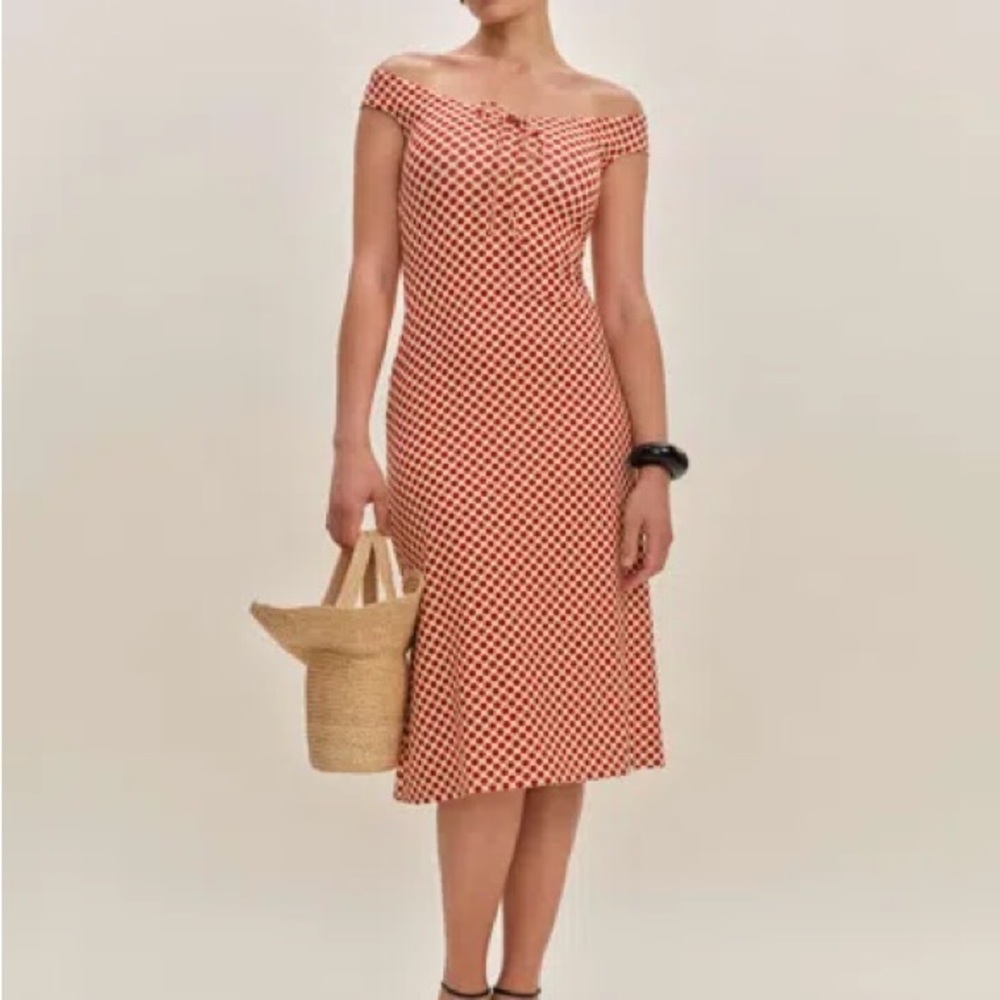 Reformation Milo Red Polka Dot Off-Shoulder Midi Dress